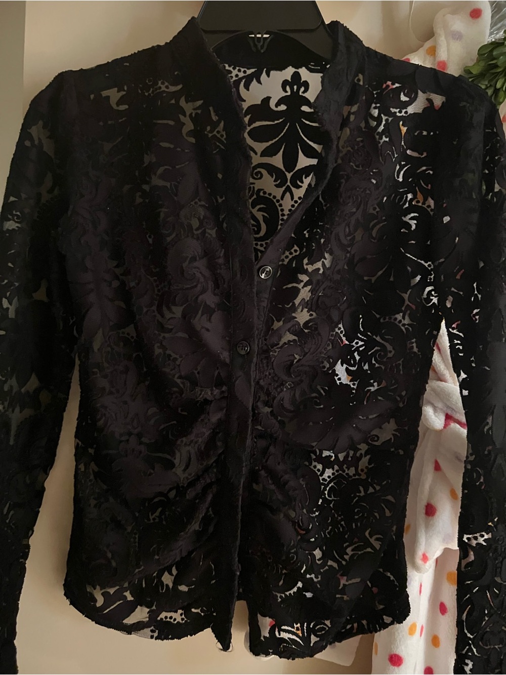 $10Gift💕Sexy Velvet Mesh Floral 3D velvet Cutout Lace rouch Button-Up Blouse